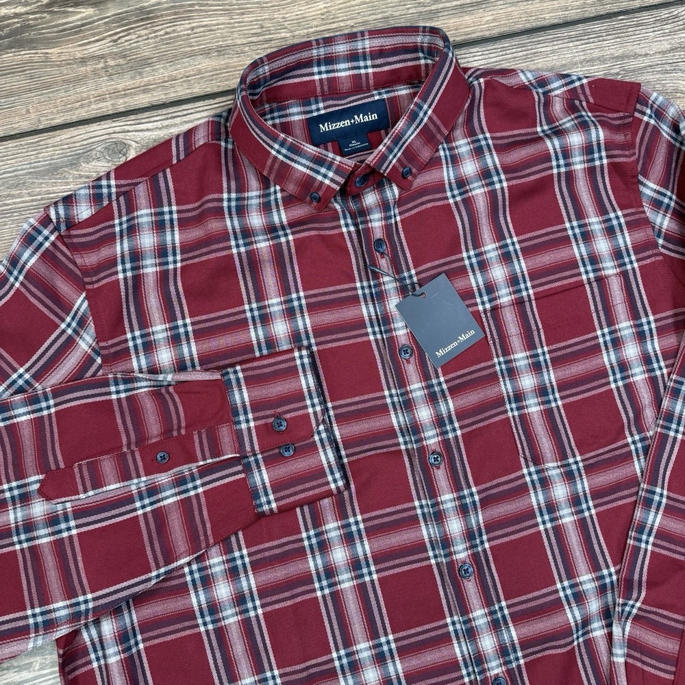 Mizzen + Main Men's City Flannel Twill Shirt Size XL Trim Fit‎ Garnet Plaid NEW